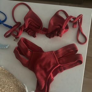Montce red bikini ruffle triangle top and bottoms